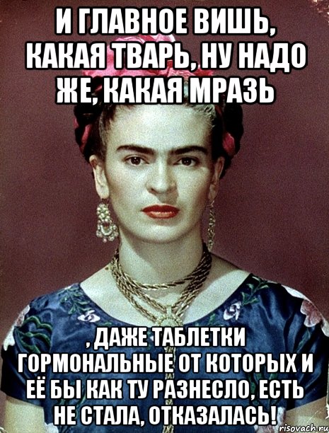 И главное вишь, какая тварь, ну надо же, какая мразь , даже таблетки гормональные от которых и её бы как ту разнесло, есть не стала, отказалась!, Мем Magdalena Carmen Frieda Kahlo Ca