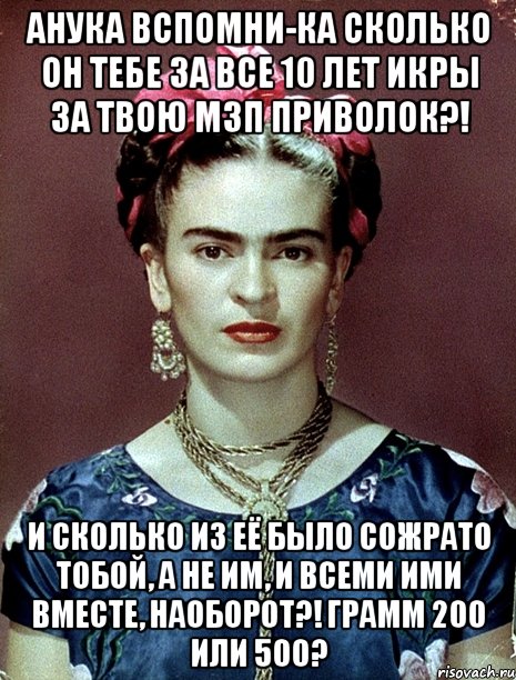 АНУКА вспомни-ка сколько он тебе за все 10 лет икры за твою МЗП приволок?! И сколько из её было сожрато тобой, а не им, и всеми ими вместе, наоборот?! Грамм 200 или 500?, Мем Magdalena Carmen Frieda Kahlo Ca