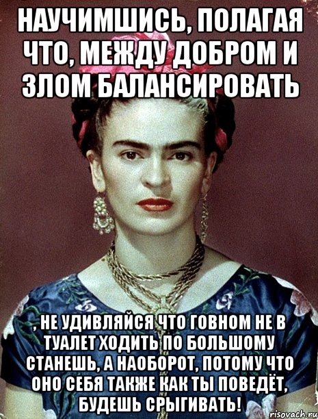 Научимшись, полагая что, между добром и злом балансировать , не удивляйся что говном не в туалет ходить по большому станешь, а наоборот, потому что оно себя также как ты поведёт, будешь срыгивать!, Мем Magdalena Carmen Frieda Kahlo Ca