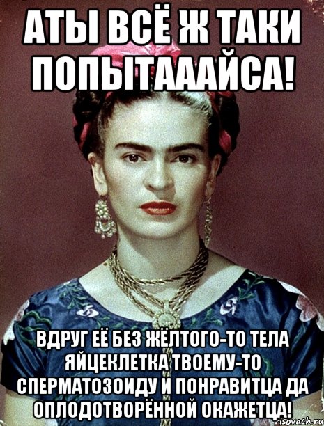 АТЫ всё ж таки попытааайса! Вдруг её без жёлтого-то тела яйцеклетка твоему-то сперматозоиду и понравитца да оплодотворённой окажетца!, Мем Magdalena Carmen Frieda Kahlo Ca