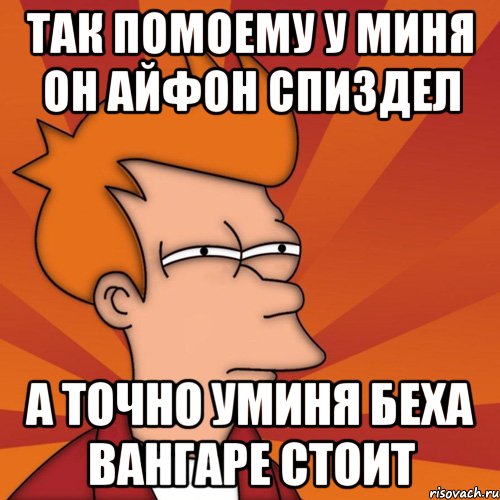 так помоему у миня он айфон спиздел а точно уминя беха вангаре стоит, Мем Мне кажется или (Фрай Футурама)