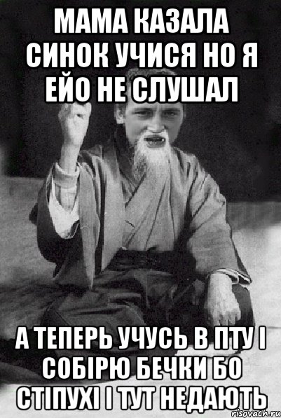 мама казала синок учися но я ейо не слушал А теперь учусь в ПТУ І собірю бечки бо стіпухі і тут недають, Мем Мудрий паца