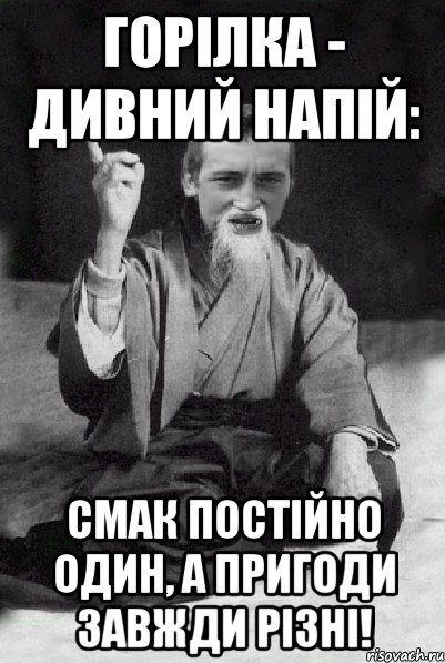 Горілка - дивний напій: смак постійно один, а пригоди завжди різні!, Мем Мудрий паца