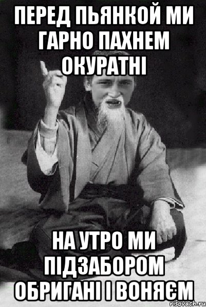 перед пьянкой ми гарно пахнем окуратні на утро ми підзабором обригані і воняєм, Мем Мудрий паца