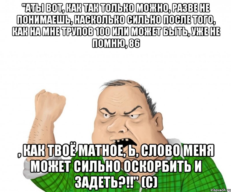 "АТЫ вот, как так только можно, разве не понимаешь, насколько сильно после того, как на мне трупов 100 или может быть, уже не помню, 86 , как твоё матное, Ь, слово меня может сильно оскорбить и задеть?!!" (с), Мем мужик