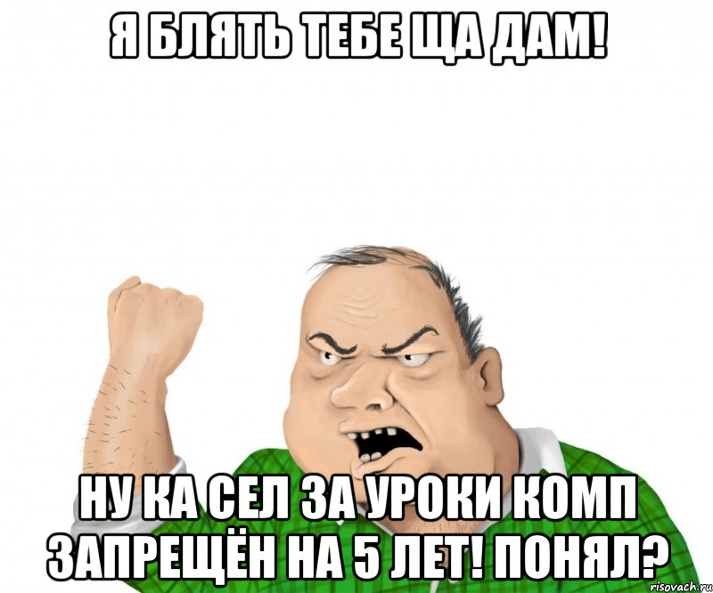 я блять тебе ща дам! ну ка сел за уроки комп запрещён на 5 лет! понял?, Мем мужик