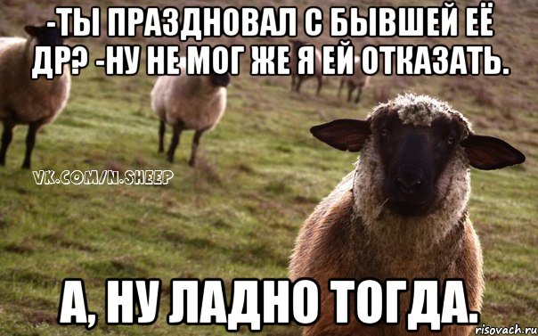 -Ты праздновал с бывшей её ДР? -Ну не мог же я ей отказать. А, ну ладно тогда., Мем  Наивная Овца