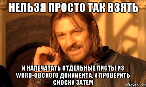 Нельзя просто так взять и напечатать отдельные листы из Word-овского документа. И проверить сноски затем, Мем Нельзя просто так взять и (Боромир мем)
