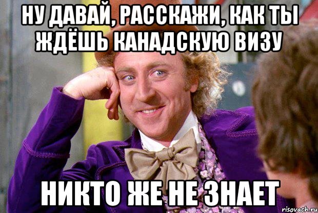 НУ ДАВАЙ, РАССКАЖИ, КАК ТЫ ЖДЁШЬ КАНАДСКУЮ ВИЗУ НИКТО ЖЕ НЕ ЗНАЕТ, Мем Ну давай расскажи (Вилли Вонка)