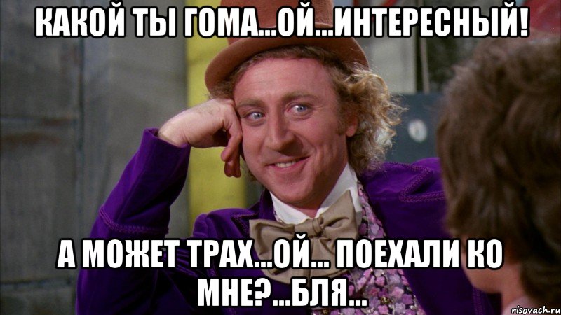 Какой ты гома...ой...интересный! А может трах...ой... поехали ко мне?...бля..., Мем Ну давай расскажи (Вилли Вонка)