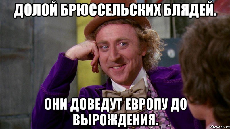 Долой брюссельских блЯдей. Они доведут европу до вырождения., Мем Ну давай расскажи (Вилли Вонка)