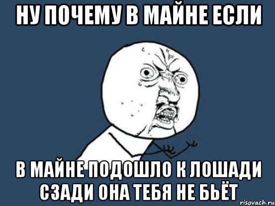 Ну почему в майне если В майне подошло к лошади сзади она тебя не бьёт, Мем Ну почему