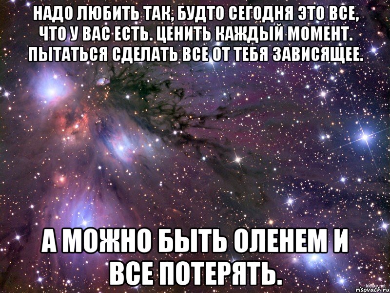 Надо любить так, будто сегодня это все, что у вас есть. Ценить каждый момент. Пытаться сделать все от тебя зависящее. А можно быть оленем и все потерять., Мем Космос