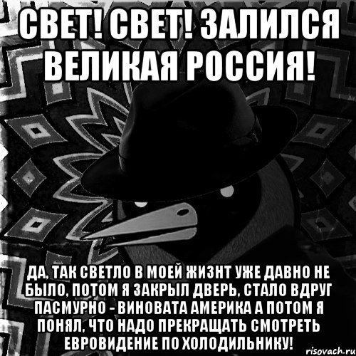 СВЕТ! СВЕТ! ЗАЛИЛСЯ ВЕЛИКАЯ РОССИЯ! Да, так светло в моей жизнт уже давно не было, потом я закрыл дверь, стало вдруг пасмурно - виновата Америка а потом я понял, что надо прекращать смотреть Евровидение по холодильнику!