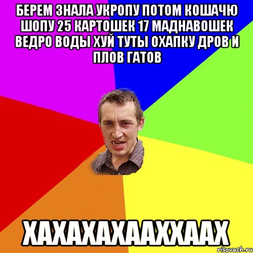 Берем знала укропу потом кошачю шопу 25 картошек 17 маднавошек ведро воды хуй туты охапку дров и плов гатов хахахахааххаах, Мем Чоткий паца
