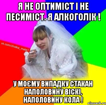 Я не оптиміст і не песиміст. Я алкоголік ! У моєму випадку стакан наполовину віскі, наполовину кола !