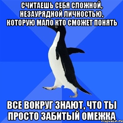 считаешь себя сложной, незаурядной личностью, которую мало кто сможет понять все вокруг знают, что ты просто забитый омежка, Мем  Социально-неуклюжий пингвин