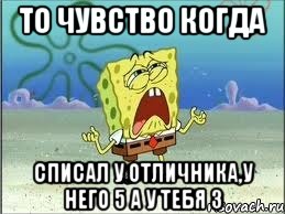 То чувство когда Списал у отличника,у него 5 а у тебя 3, Мем Спанч Боб плачет