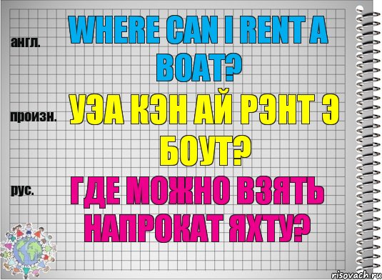 Where can I rent a boat? уэа кэн ай рэнт э боут? Где можно взять напрокат яхту?, Комикс  Перевод с английского