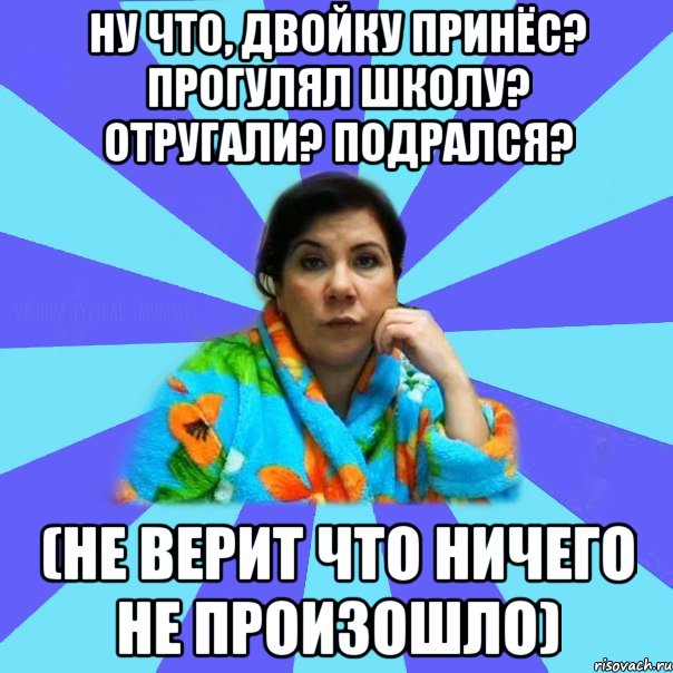 Ну что, двойку принёс? Прогулял школу? Отругали? Подрался? (не верит что ничего не произошло), Мем типичная мама