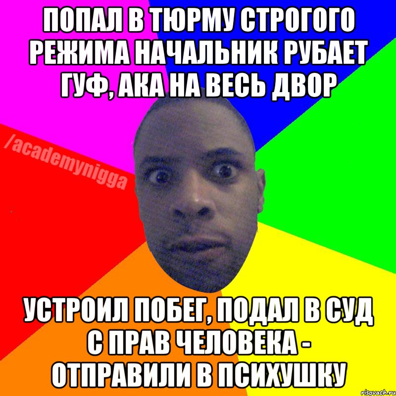 Попал в тюрму строгого режима Начальник рубает гуф, ака на весь двор Устроил побег, подал в суд с прав человека - отправили в психушку, Мем  ТИПИЧНЫЙ НЕГР