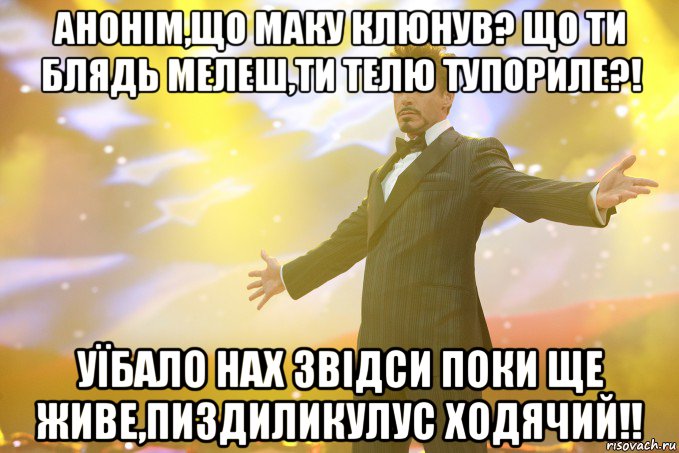 анонім,що маку клюнув? що ти блядь мелеш,ти телю тупориле?! Уїбало нах звідси поки ще живе,пиздиликулус ходячий!!, Мем Тони Старк (Роберт Дауни младший)