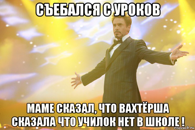 съебался с уроков маме сказал, что вахтёрша сказала что училок нет в школе !, Мем Тони Старк (Роберт Дауни младший)