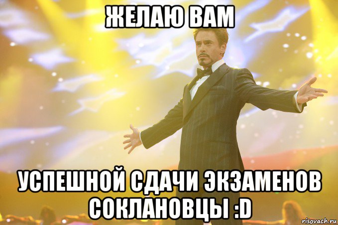 ЖЕЛАЮ ВАМ УСПЕШНОЙ СДАЧИ ЭКЗАМЕНОВ СОКЛАНОВЦЫ :D, Мем Тони Старк (Роберт Дауни младший)