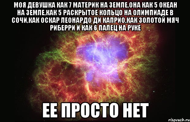 Моя девушка как 7 материк на Земле,она как 5 океан на Земле,как 5 раскрытое кольцо на Олимпиаде в Сочи,как оскар Леонардо Ди Каприо,как золотой мяч Риберри и как 6 палец на руке Ее просто нет, Мем Туманность