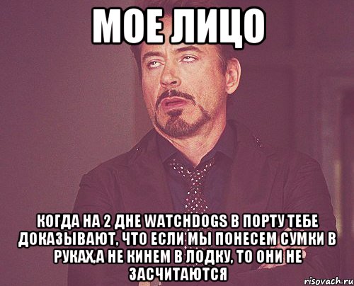 Мое лицо когда на 2 дне watchdogs в порту тебе доказывают, что если мы понесем сумки в руках,а не кинем в лодку, то они не засчитаются, Мем твое выражение лица