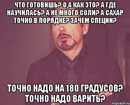 что готовишь? о,а как это? а где научилась? а не много соли? а сахар точно в порядке? зачем специи? точно надо на 180 градусов? точно надо варить?, Мем твое выражение лица