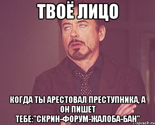 Твоё лицо Когда ты арестовал преступника, а он пишет тебе:"Скрин-форум-жалоба-бан", Мем твое выражение лица