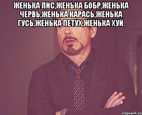 Женька Лис,Женька Бобр,Женька Червь,Женька Карась,Женька Гусь,Женька Петух,Женька Хуй. , Мем твое выражение лица
