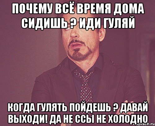 Почему всё время дома сидишь ? Иди гуляй Когда гулять пойдешь ? Давай выходи! Да не ссы не холодно, Мем твое выражение лица