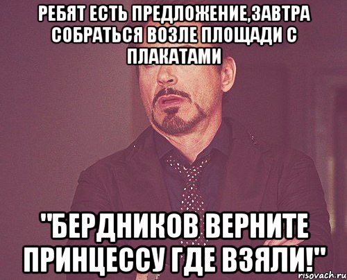 Ребят есть предложение,завтра собраться возле площади с плакатами "Бердников верните принцессу где взяли!", Мем твое выражение лица