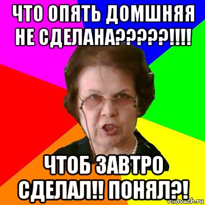 ЧТО ОПЯТЬ ДОМШНЯЯ НЕ СДЕЛАНА?????!!!! ЧТОБ ЗАВТРО СДЕЛАЛ!! ПОНЯЛ?!, Мем Типичная училка