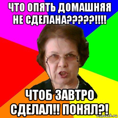 ЧТО ОПЯТЬ ДОМАШНЯЯ НЕ СДЕЛАНА?????!!!! ЧТОБ ЗАВТРО СДЕЛАЛ!! ПОНЯЛ?!, Мем Типичная училка