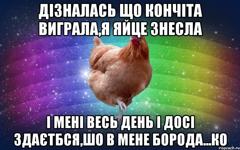 Дізналась що Кончіта виграла,я яйце знесла І мені весь день і досі здаєтбся,шо в мене борода...ко, Мем Весела Курка