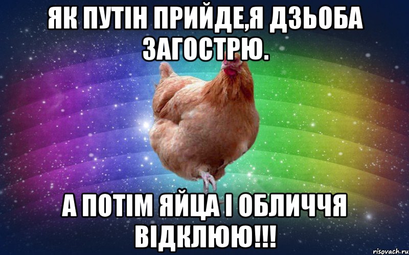 Як путін прийде,я дзьоба загострю. А потім яйца і обличчя відклюю!!!, Мем Весела Курка