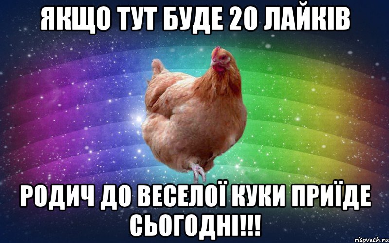 якщо тут буде 20 лайків родич до веселої куки приїде сьогодні!!!, Мем Весела Курка