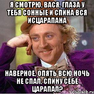 Я смотрю, Вася, глаза у тебя сонные и спина вся исцарапана Наверное, опять всю ночь не спал, спину себе царапал?, Мем Ну давай расскажи (Вилли Вонка)