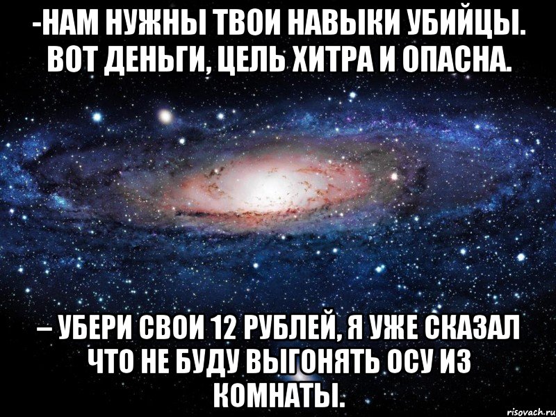 -Нам нужны твои навыки убийцы. Вот деньги, цель хитра и опасна. – Убери свои 12 рублей, я уже сказал что не буду выгонять осу из комнаты., Мем Вселенная