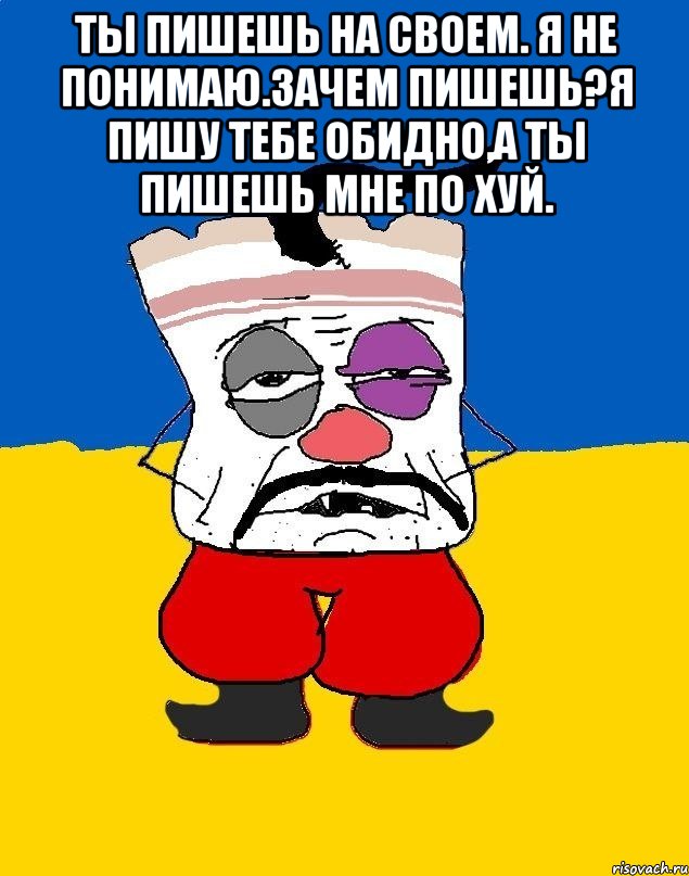 Ты пишешь на своем. Я не понимаю.зачем пишешь?я пишу тебе обидно,а ты пишешь мне по хуй. , Мем Западенец - тухлое сало