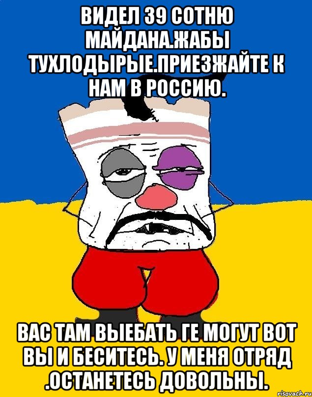 Видел 39 сотню майдана.жабы тухлодырые.приезжайте к нам в россию. Вас там выебать ге могут вот вы и беситесь. У меня отряд .останетесь довольны., Мем Западенец - тухлое сало