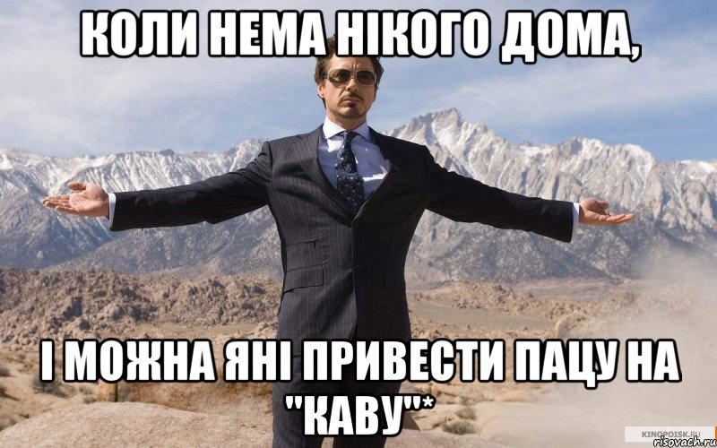 Коли нема нікого дома, і можна Яні привести ПАЦУ на "каву"*, Мем железный человек