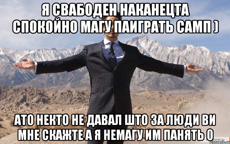 я свабоден наканецта спокойно магу паиграть самп ) ато некто не давал што за люди ви мне скажте а я немагу им панять 0, Мем железный человек