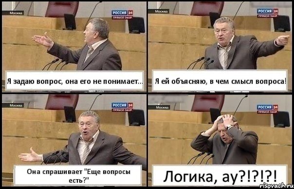 Я задаю вопрос, она его не понимает... Я ей объясняю, в чем смысл вопроса! Она спрашивает "Еще вопросы есть?" Логика, ау?!?!?!, Комикс Жирик в шоке хватается за голову