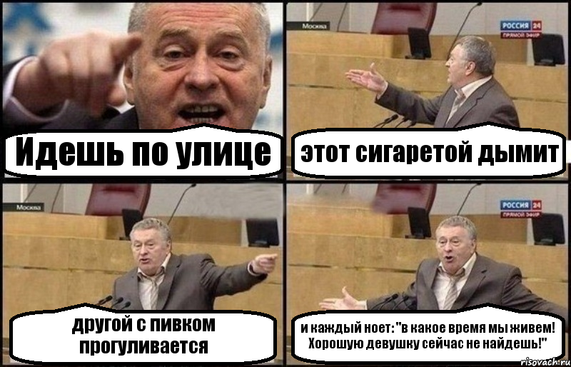 Идешь по улице этот сигаретой дымит другой с пивком прогуливается и каждый ноет: "в какое время мы живем! Хорошую девушку сейчас не найдешь!", Комикс Жириновский