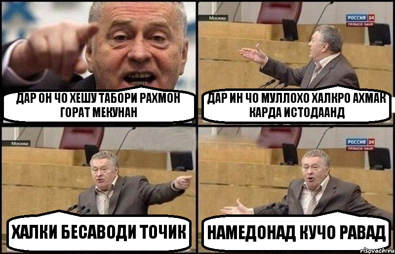 ДАР ОН ЧО ХЕШУ ТАБОРИ РАХМОН ГОРАТ МЕКУНАН ДАР ИН ЧО МУЛЛОХО ХАЛКРО АХМАК КАРДА ИСТОДААНД ХАЛКИ БЕСАВОДИ ТОЧИК НАМЕДОНАД КУЧО РАВАД, Комикс Жириновский