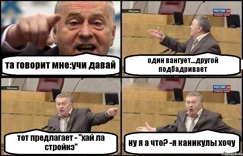 та говорит мне:учи давай один вангует...другой подбадривает тот предлагает - "хай ла стройкэ" ну я а что? -я каникулы хочу, Комикс Жириновский